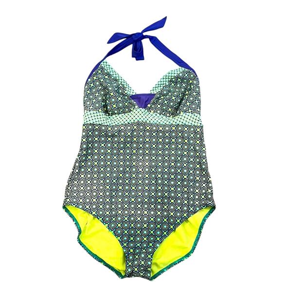 PRANA Lahari Green Purple Geo Halter One Piece Swimsuit XL - Picture 1 of 7